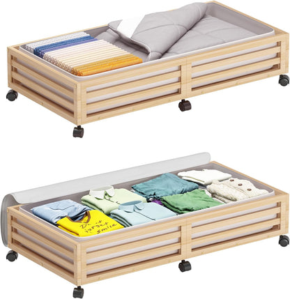 Bamboo Under Bed Storage Containers- Underbed Organizer with Wheels with Large Dust Bag,Sturdy Wood