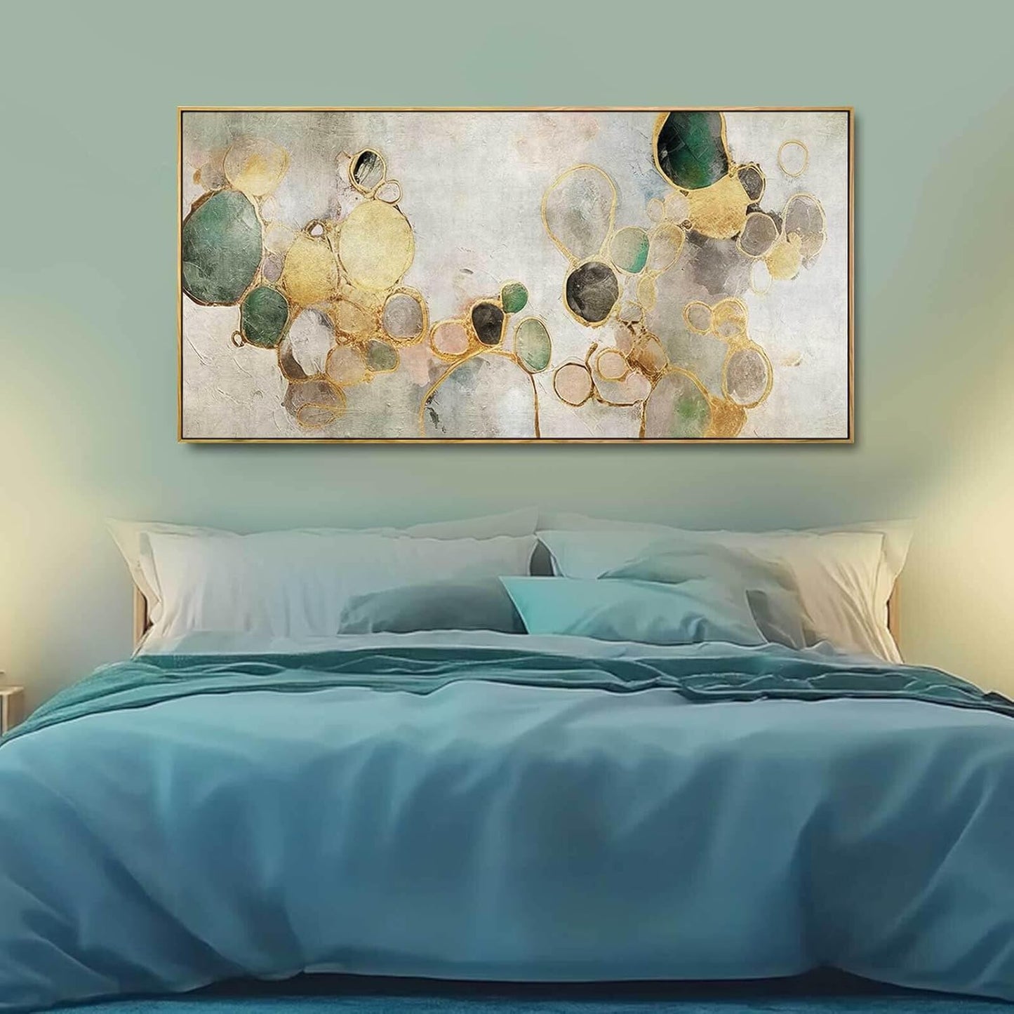 Gold Circle Modern Artwork Framed Abstract Wall Art Green Canvas Decor 24"x48" Wall Decorations for