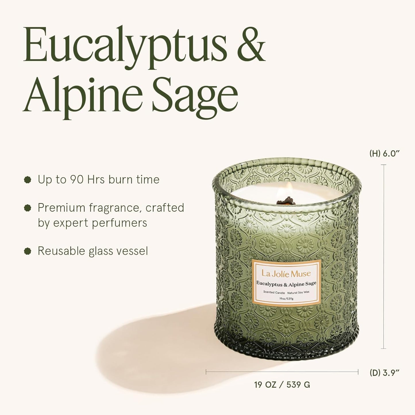 LA JOLIE MUSE Eucalyptus & Alpine Sage Candle – Eucalyptus, Sage & Lavender | 19 oz Wooden Wick |