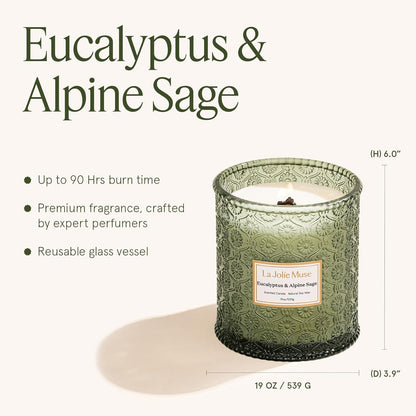 LA JOLIE MUSE Eucalyptus & Alpine Sage Candle – Eucalyptus, Sage & Lavender | 19 oz Wooden Wick |