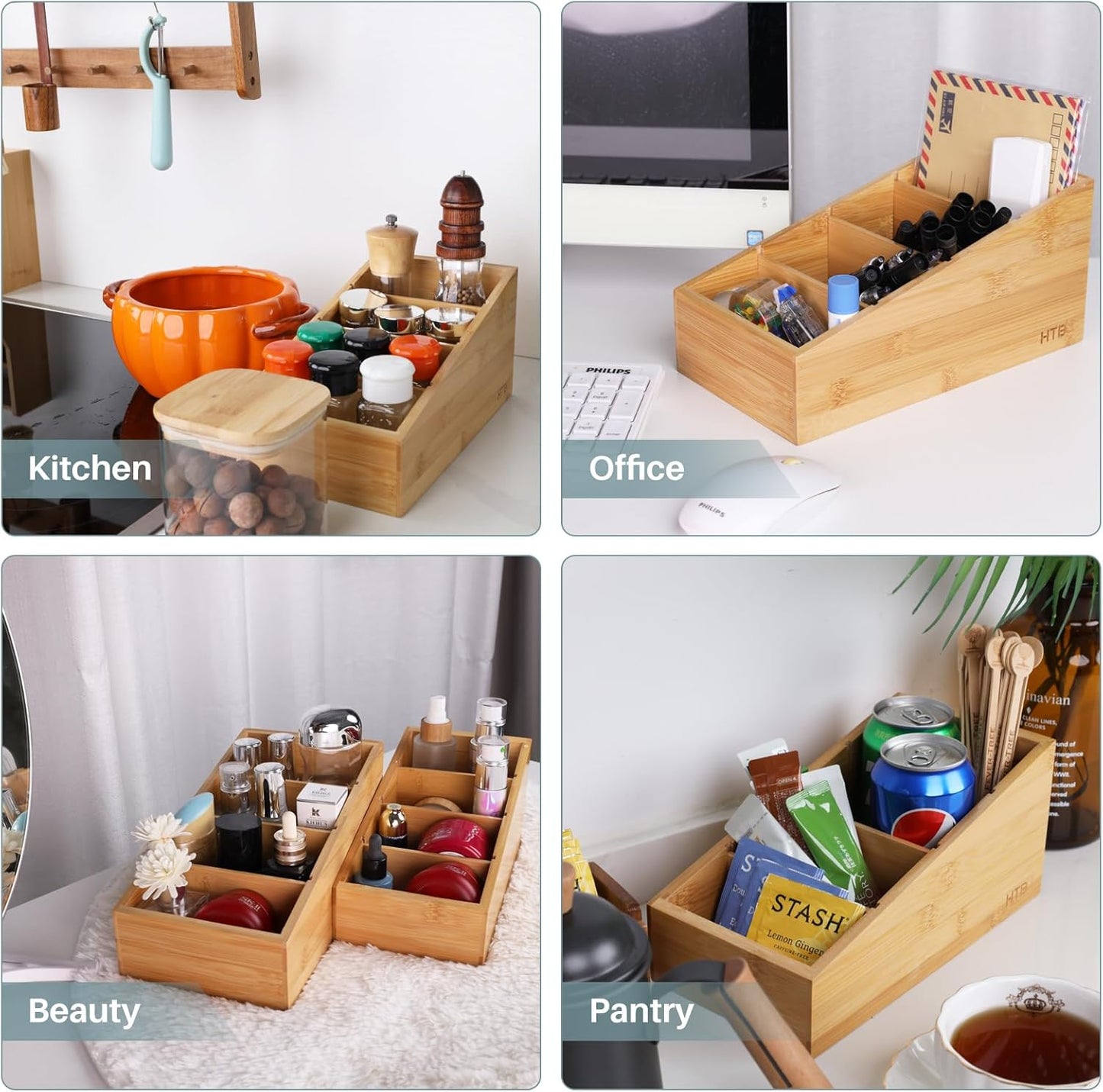 HTB 4-Section Snack Organizer with Removable Dividers for Kitchen, Cabinet, Office, Countertop, 2