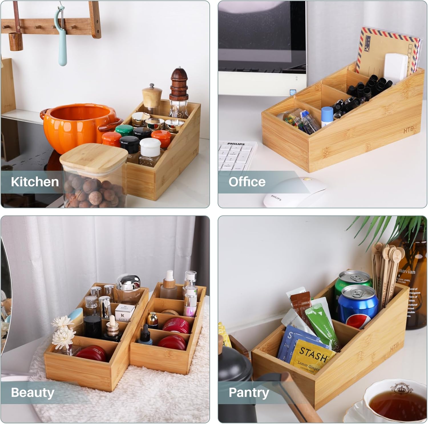 HTB 4-Section Snack Organizer with Removable Dividers for Kitchen, Cabinet, Office, Countertop, 2