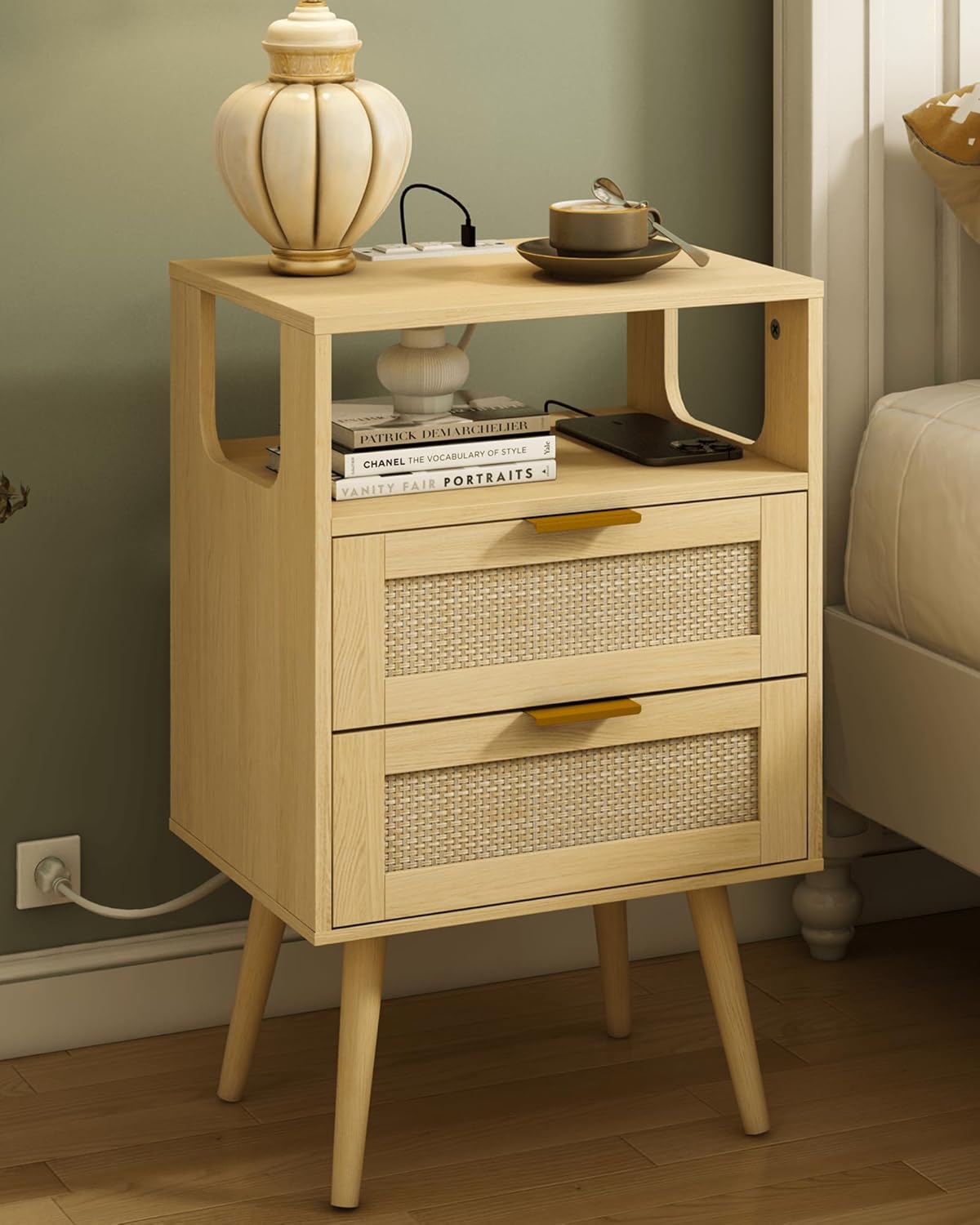 Rattan Nightstand with Charging Station,Modern Bedside Table with 2 Storage Drawer and Open Wood
