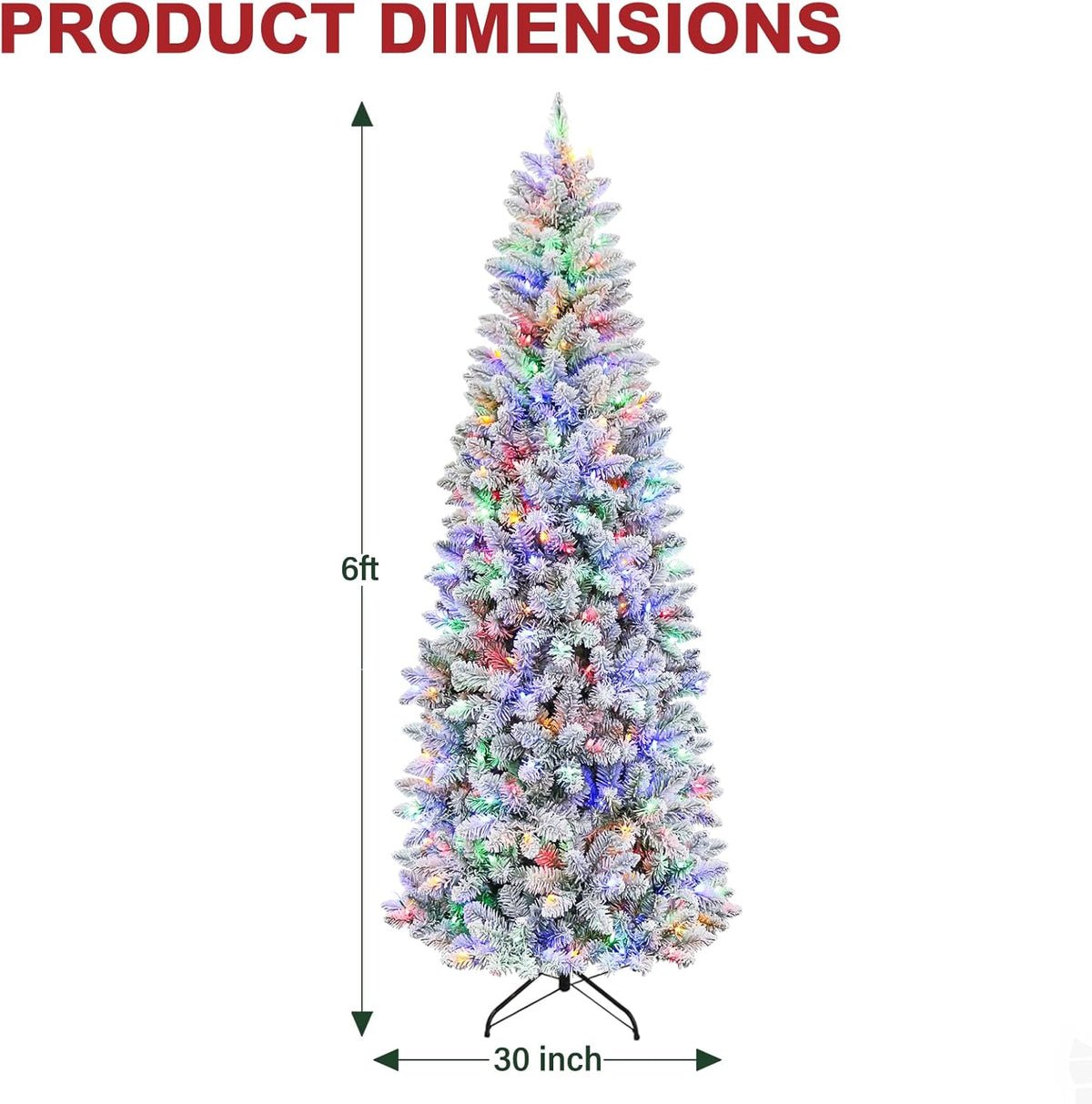 Hykolity 6 ft Prelit Snow Flocked Pencil Slim Christmas Tree, 544 PVC Branch Tips, 200 Color