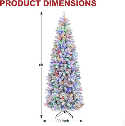 Hykolity 6 ft Prelit Snow Flocked Pencil Slim Christmas Tree, 544 PVC Branch Tips, 200 Color