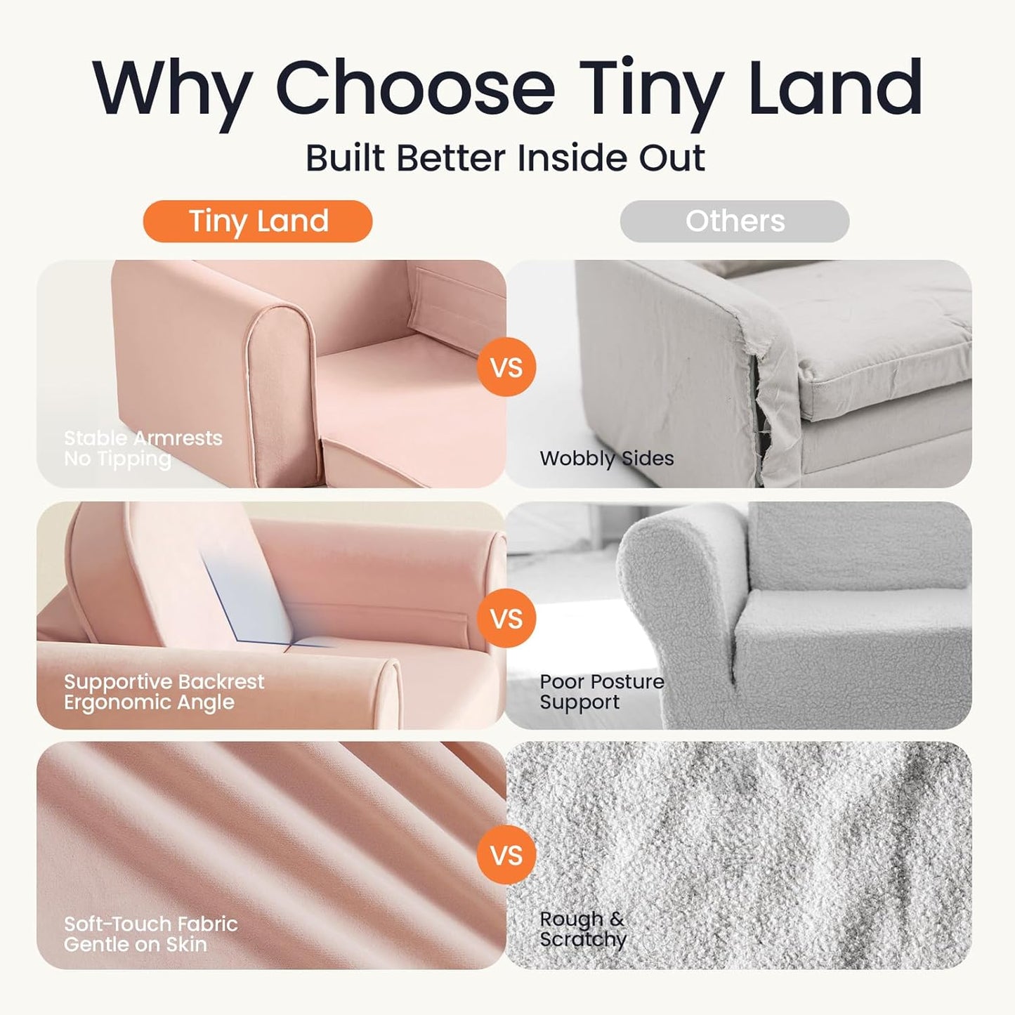 Tiny Land 2-in-1 Foldable Kids Couch with Pockets – Soft Thick Toddler Sofa, Lounger Couch