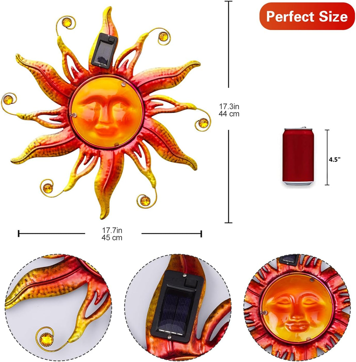 Goodeco Solar Sun Face Wall Art – Metal Outdoor Wall Decor with Solar LED Lights for Garden & Patio