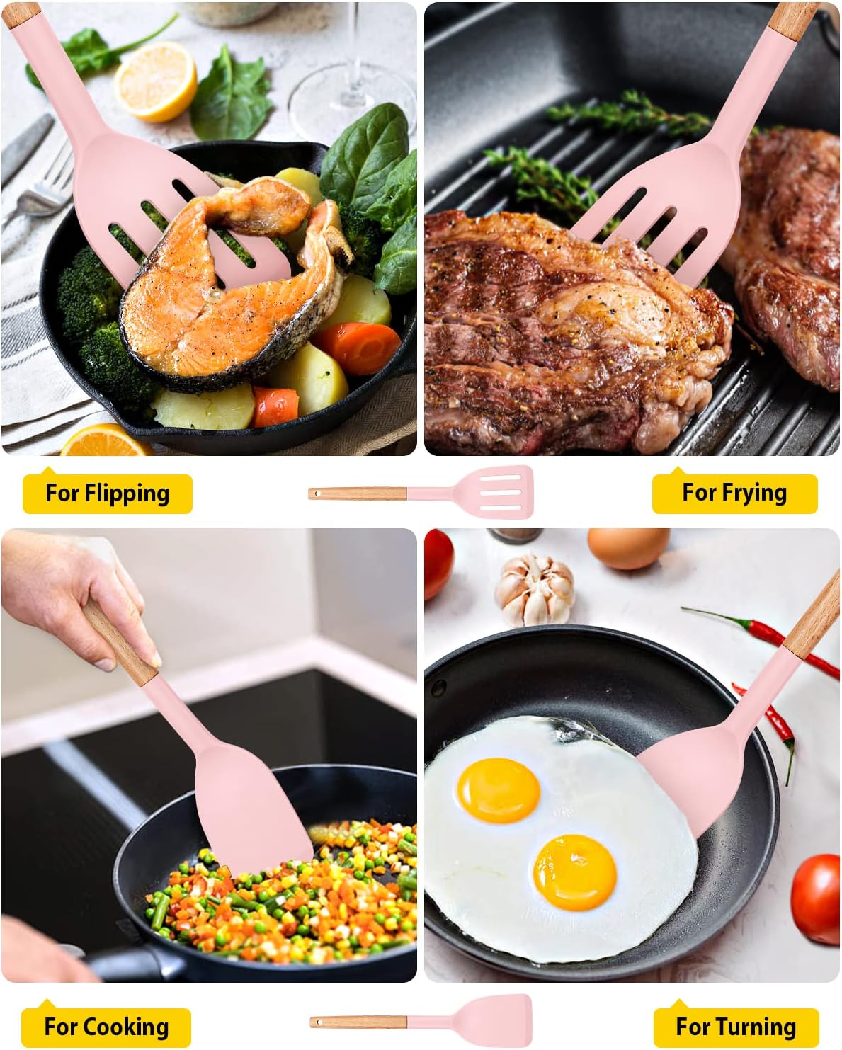 Pack of 2 Silicone Cooking Spatula, Heat Resistant Solid Turner, Non Stick Slotted Spatulas with
