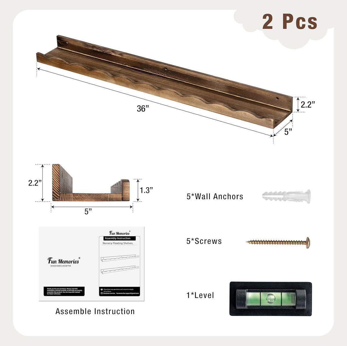 Fun Memories Picture Ledge Shelf for Wall, 36 inch Pine Wood Nursery Book Shelves Set of 2- Wall