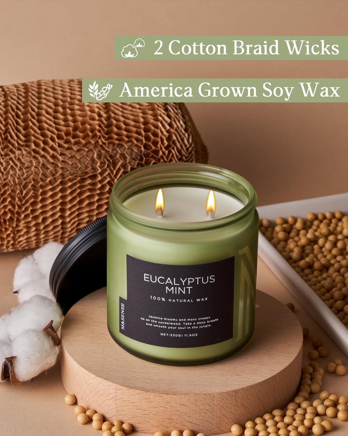 M&SENSE Eucalyptus & Mint Soy Candles for Home Scented, 11.6oz 70 Hour Burn Aromatherapy Candle