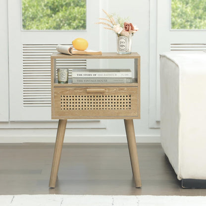 MaxSmeo Rattan Nightstand with Drawer, Mid Century Modern Wood Bedside Table for Living Room