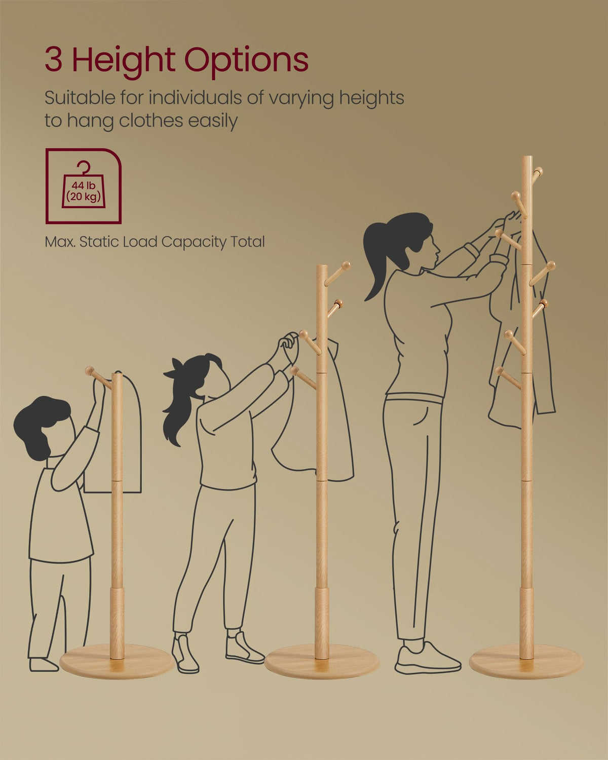 VASAGLE Solid Wood Coat Rack, Free Standing Hall Coat Tree with 7 Hooks, 3 Height Options, for