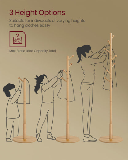 VASAGLE Solid Wood Coat Rack, Free Standing Hall Coat Tree with 7 Hooks, 3 Height Options, for
