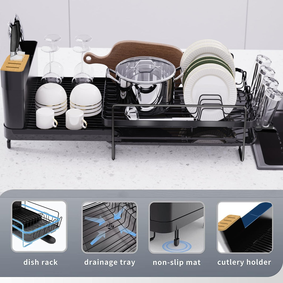 Runnatal Large Dish Drying Rack with Drainboard Set, Dish Rack, Extendable Dish Rack, Utensil