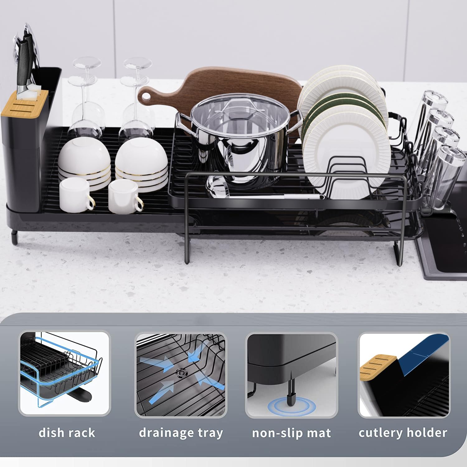 Runnatal Large Dish Drying Rack with Drainboard Set, Dish Rack, Extendable Dish Rack, Utensil