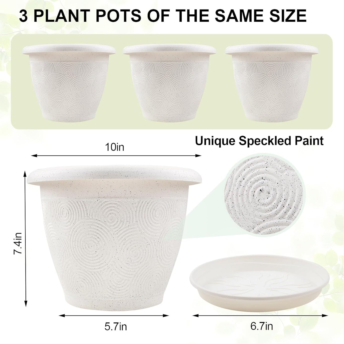 Plastic Flower Pots Planters for Indoor Plants, 3 Pack 10 Inch White Plant Pots with Drainage Hole