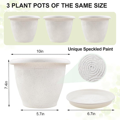 Plastic Flower Pots Planters for Indoor Plants, 3 Pack 10 Inch White Plant Pots with Drainage Hole