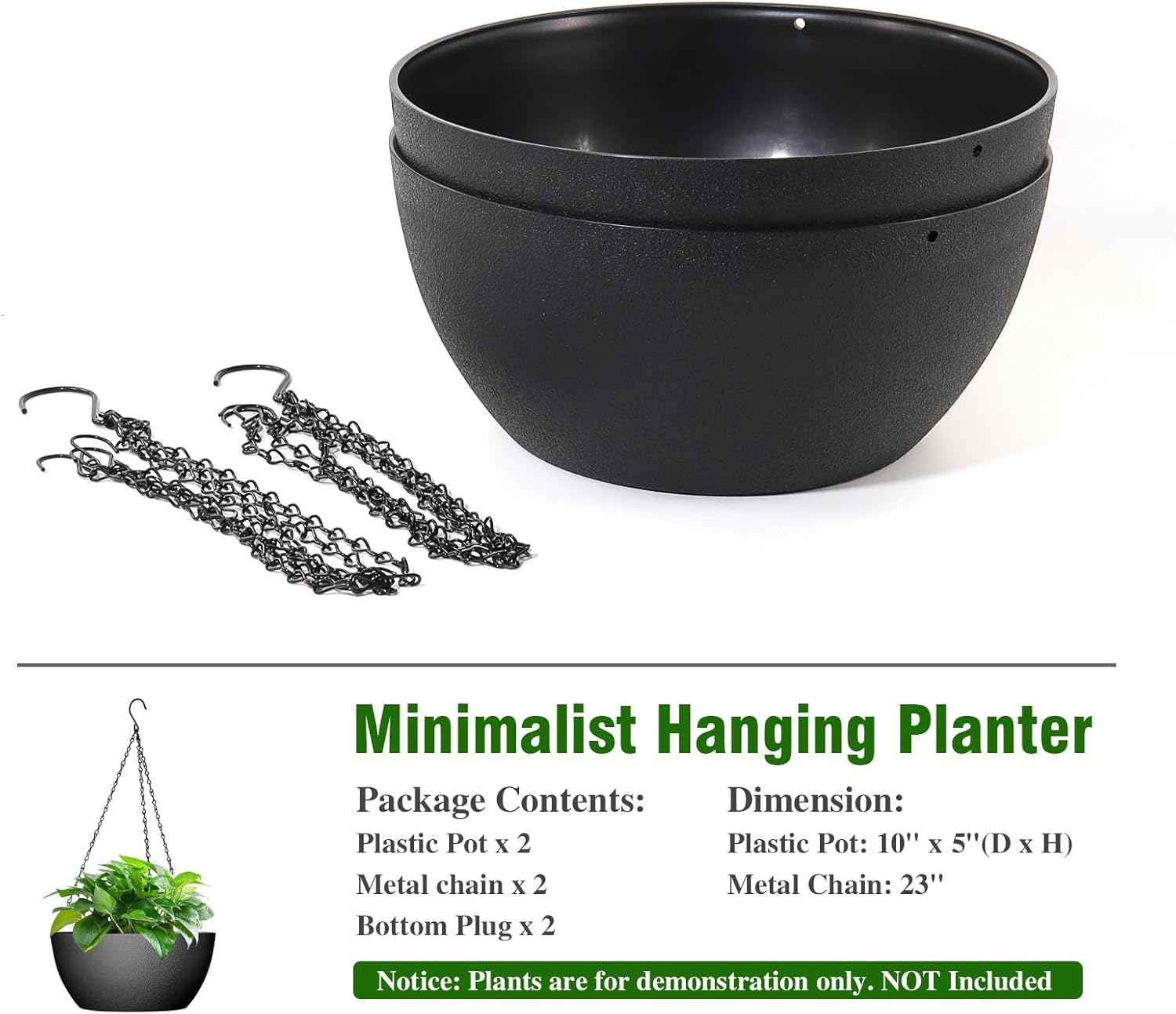 10 inch Hanging Planters for Outdoor Indoor Plants with Drainage Holes and Chain, 2 Pack Round