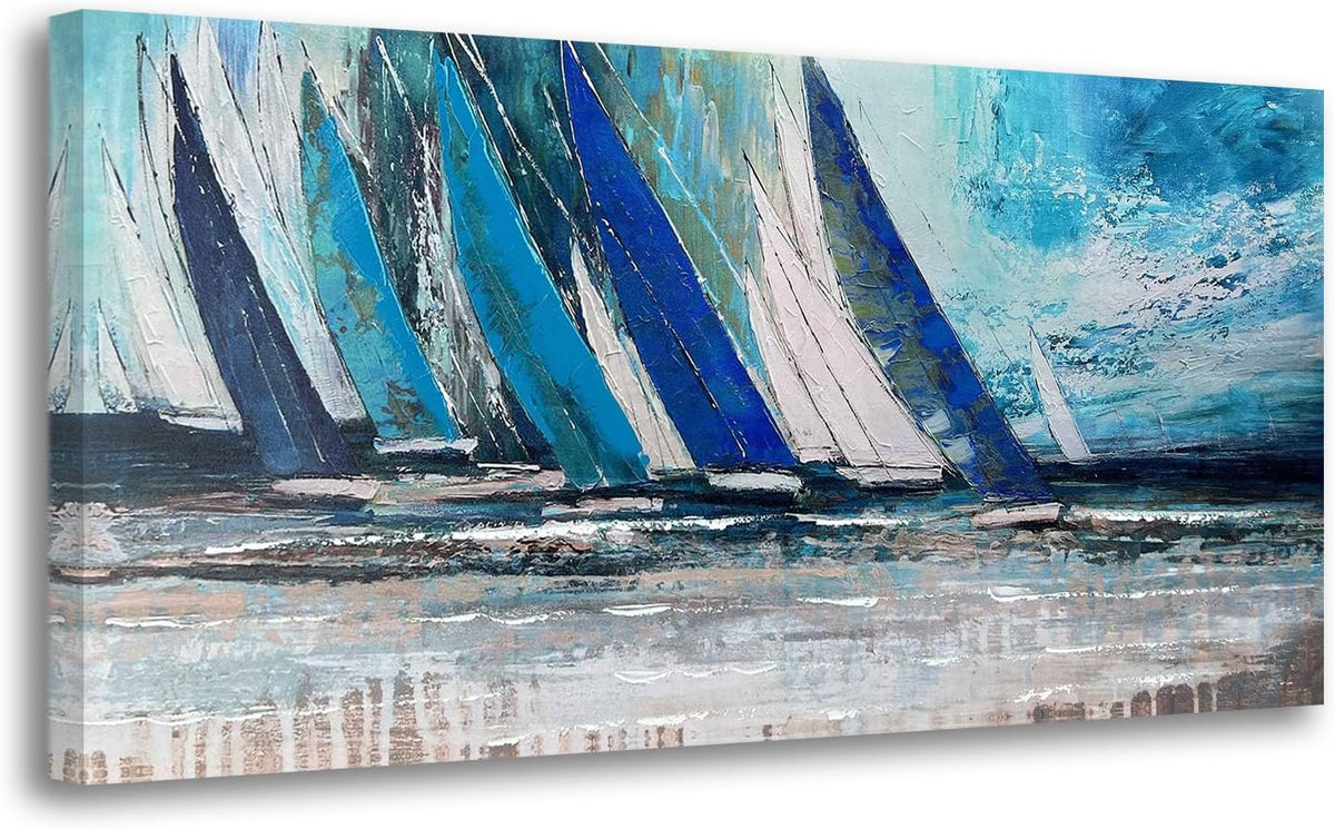 Arjun Blue Abstract Wall Art Canvas Teal Ocean Sailboat Picture Modern Turquoise Coastal Nautical