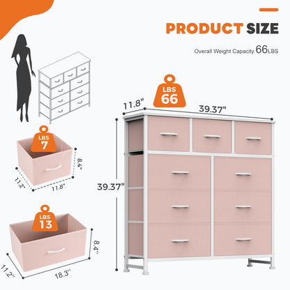 Sweetcrispy 9 Drawer Fabric Dresser Storage Tower Drawer Organizer, Pink