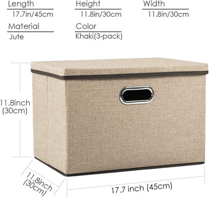 PRANDOM Large Collapsible Storage Bins with Lids [3-Pack] Jute Fabric Foldable Storage Boxes