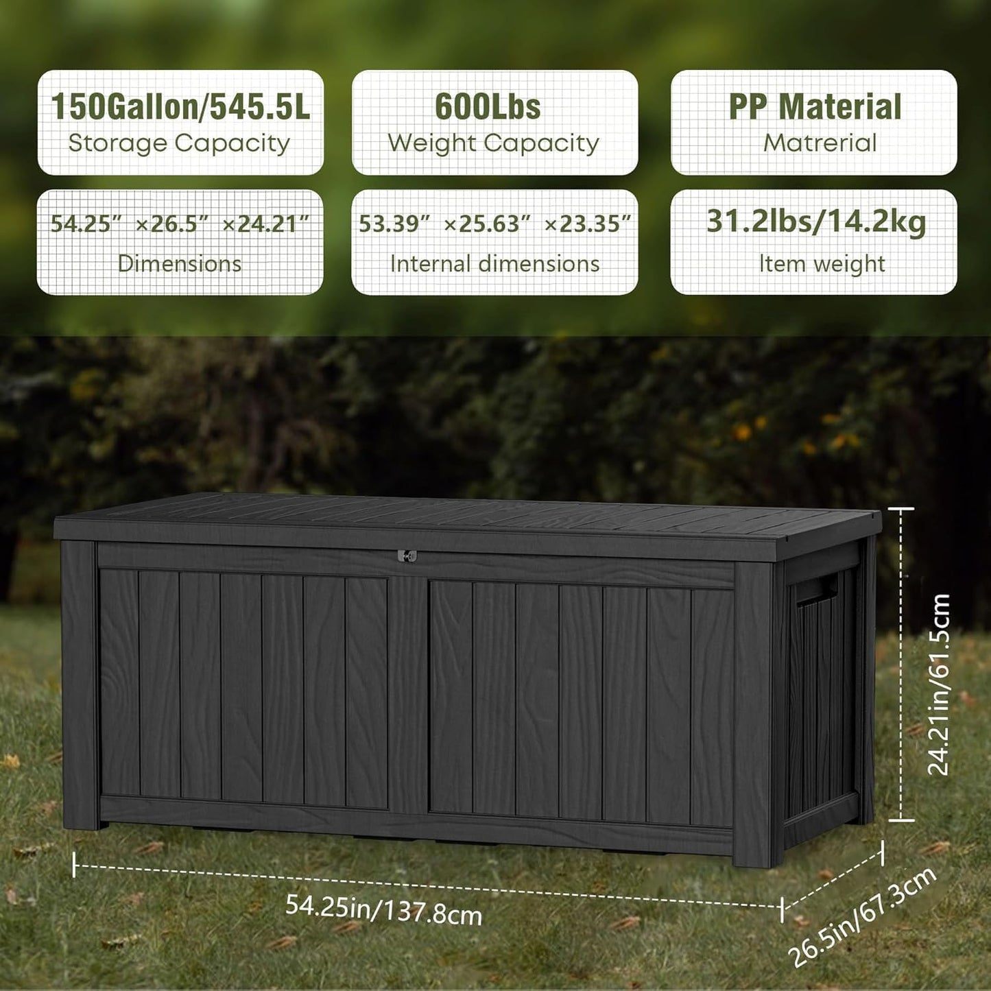 150 Gallon Outdoor Storage Box Patio Deck Box Waterproof, Resin Lockable Outside Large Storage Bin