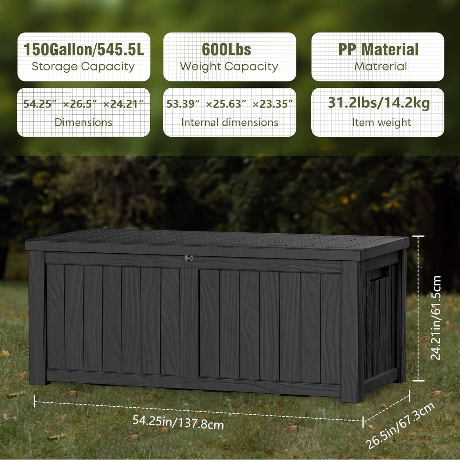 150 Gallon Outdoor Storage Box Waterproof Lockable Resin Deck Box Large, Patio Storage Bin for Pool
