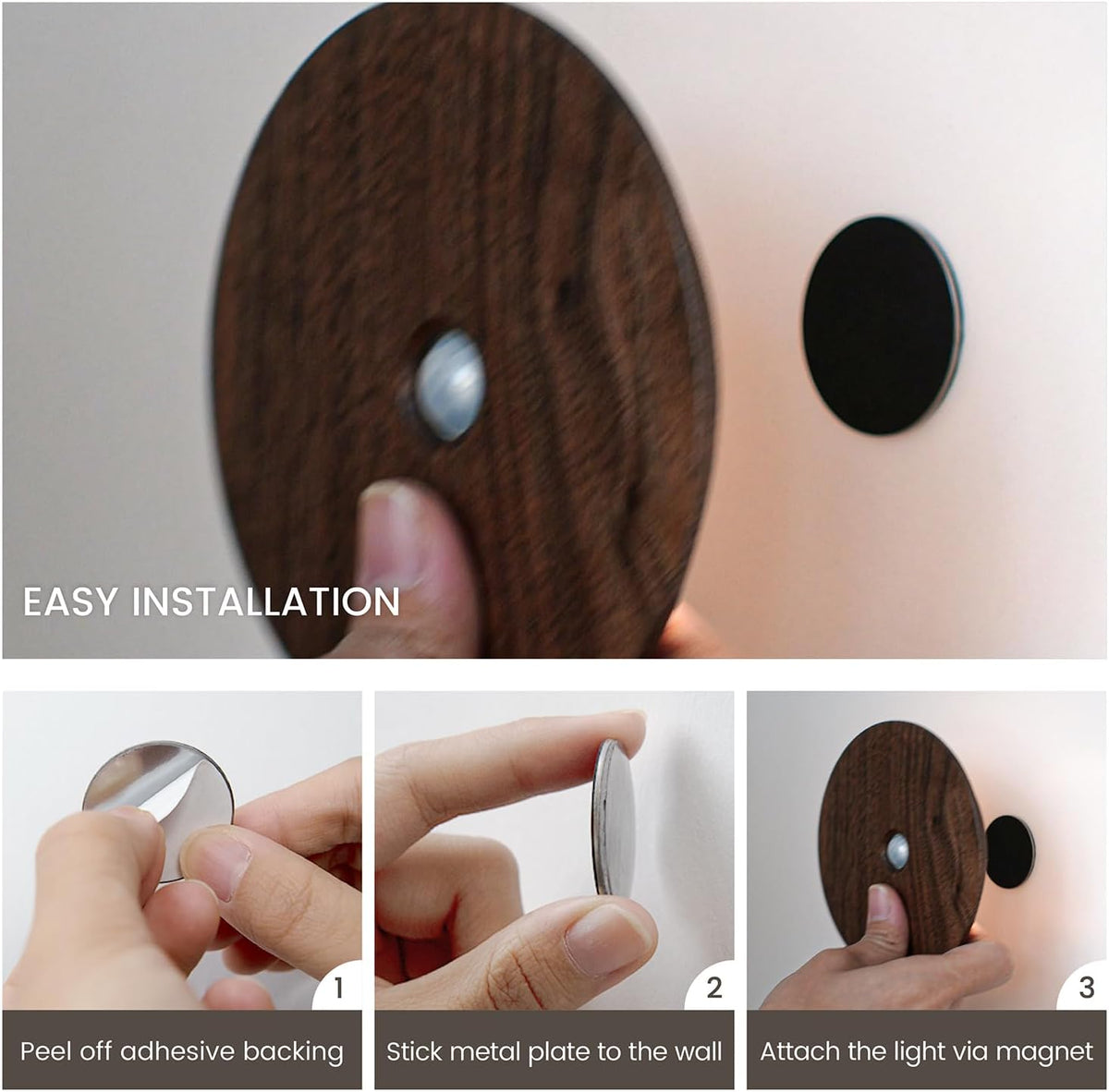 Motion Sensor Night Light Wood Rechargeable Battery-Powered Stick-On Step Lights Loftie Lights
