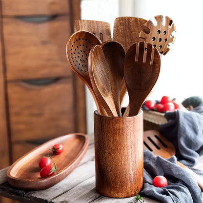 Wooden Spoons for Cooking,10 Pcs Natural Teak Wooden Cooking Utensils Wooden Kitchen Utensils Set