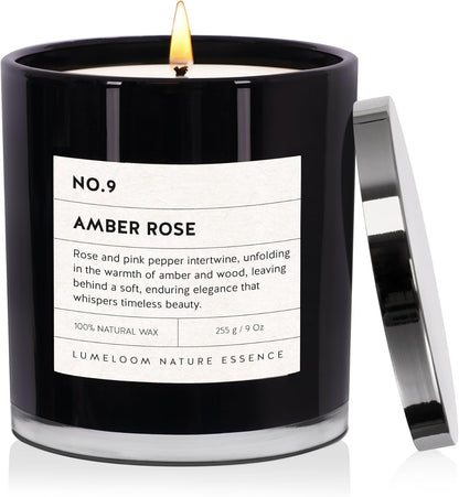 Amber & Rose Luxury Scented Candles, 9oz Soy Wax Candles for Home Scented, Rose, Wood, Amber Scent