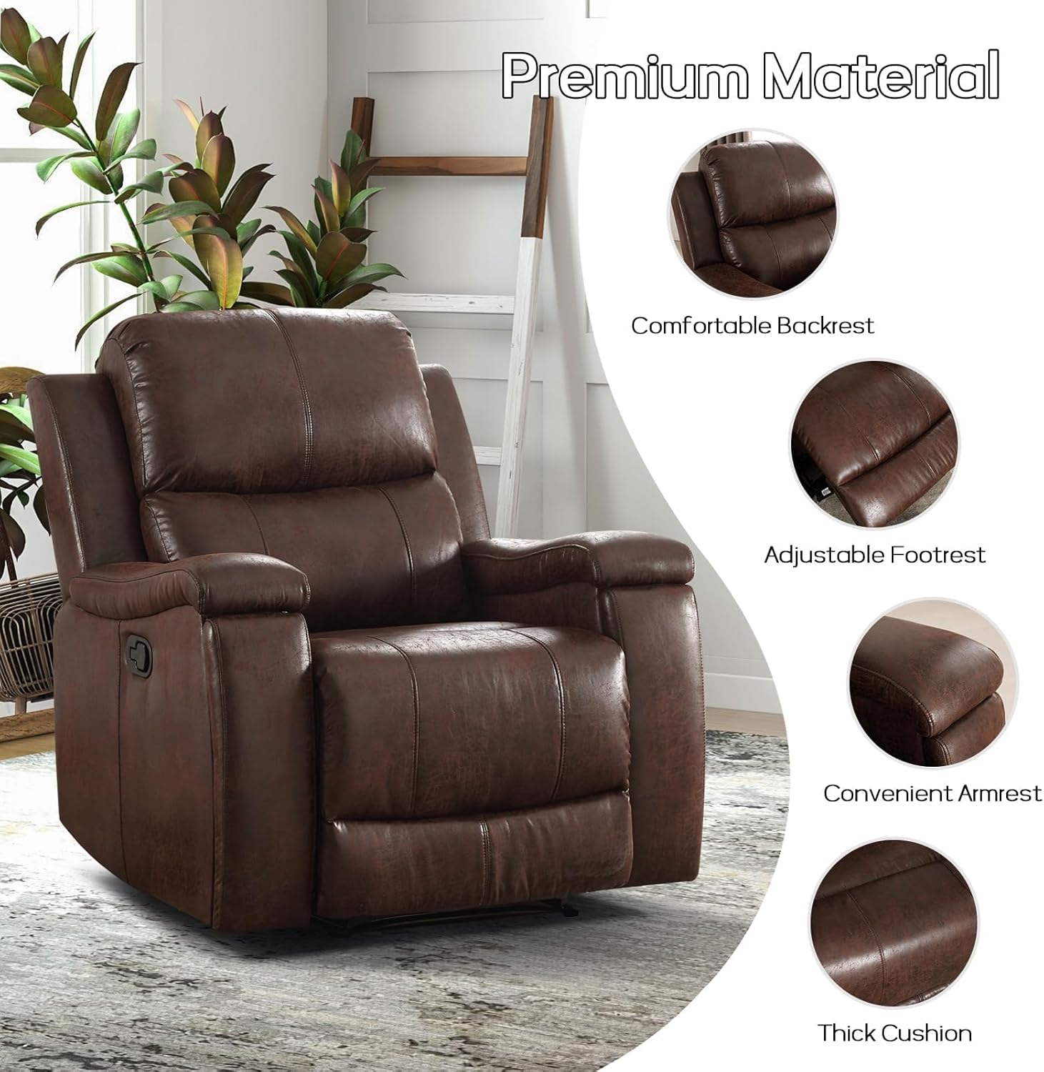 Brown Recliner Chair, Single Overstuffed Sofa Recliners, Breathable Faux Leather Manual Reclining