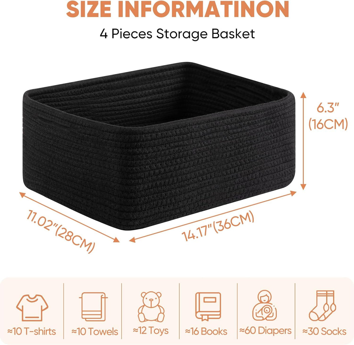 OIAHOMY 4 Pack 14.17*11.02*6.3IN Storage Baskets for Organizing Shelves, Woven Rope Baskets for