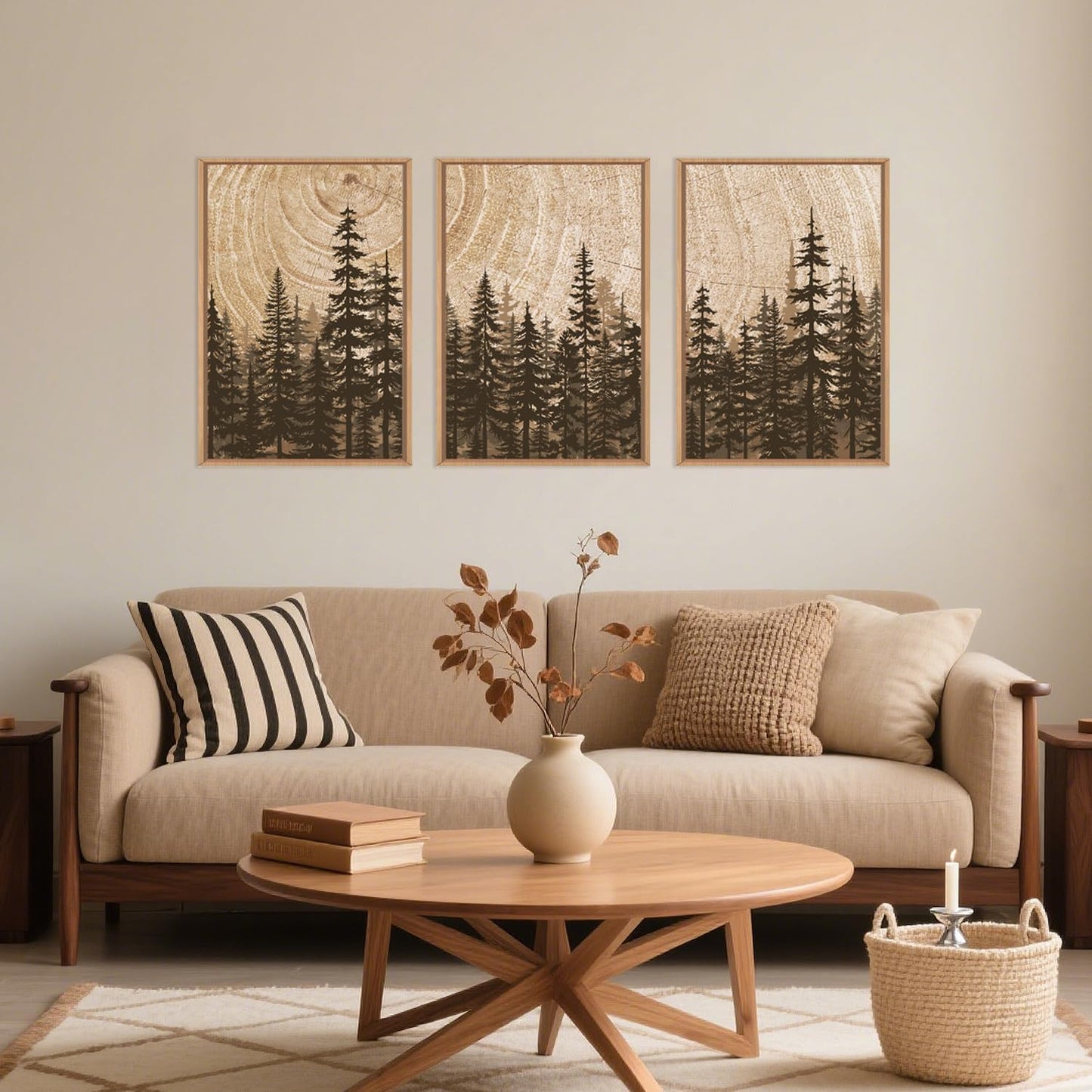 Celestdeco Pine Tree Framed Canvas Wall Art Set, Natural Woodland Landscape Wall Decor, Large Retro