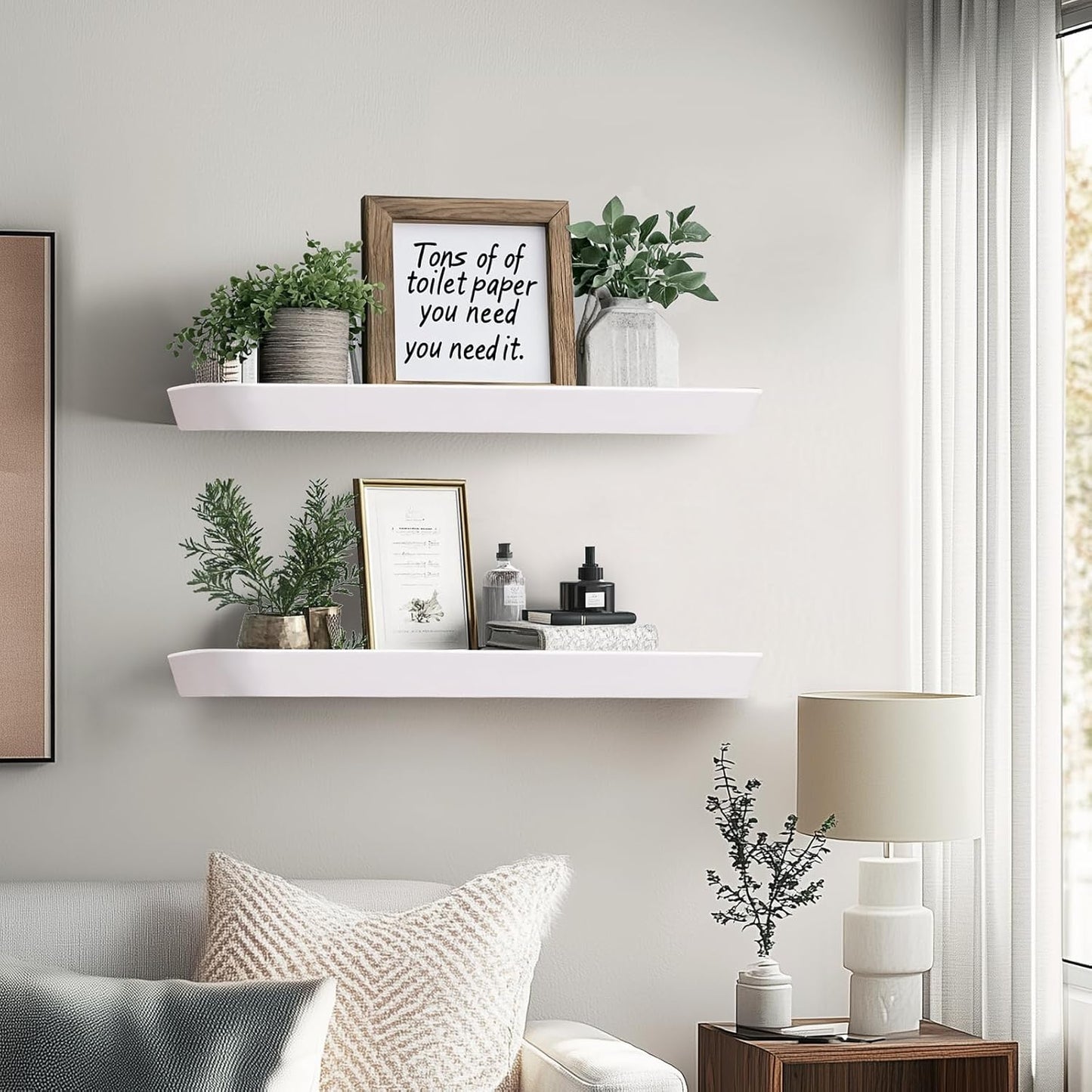 24"x6.8"x1.6" Slanted Floating Wall Shelves 2-Pack - Rustic White Finish, Heavy-Duty Solid Wood