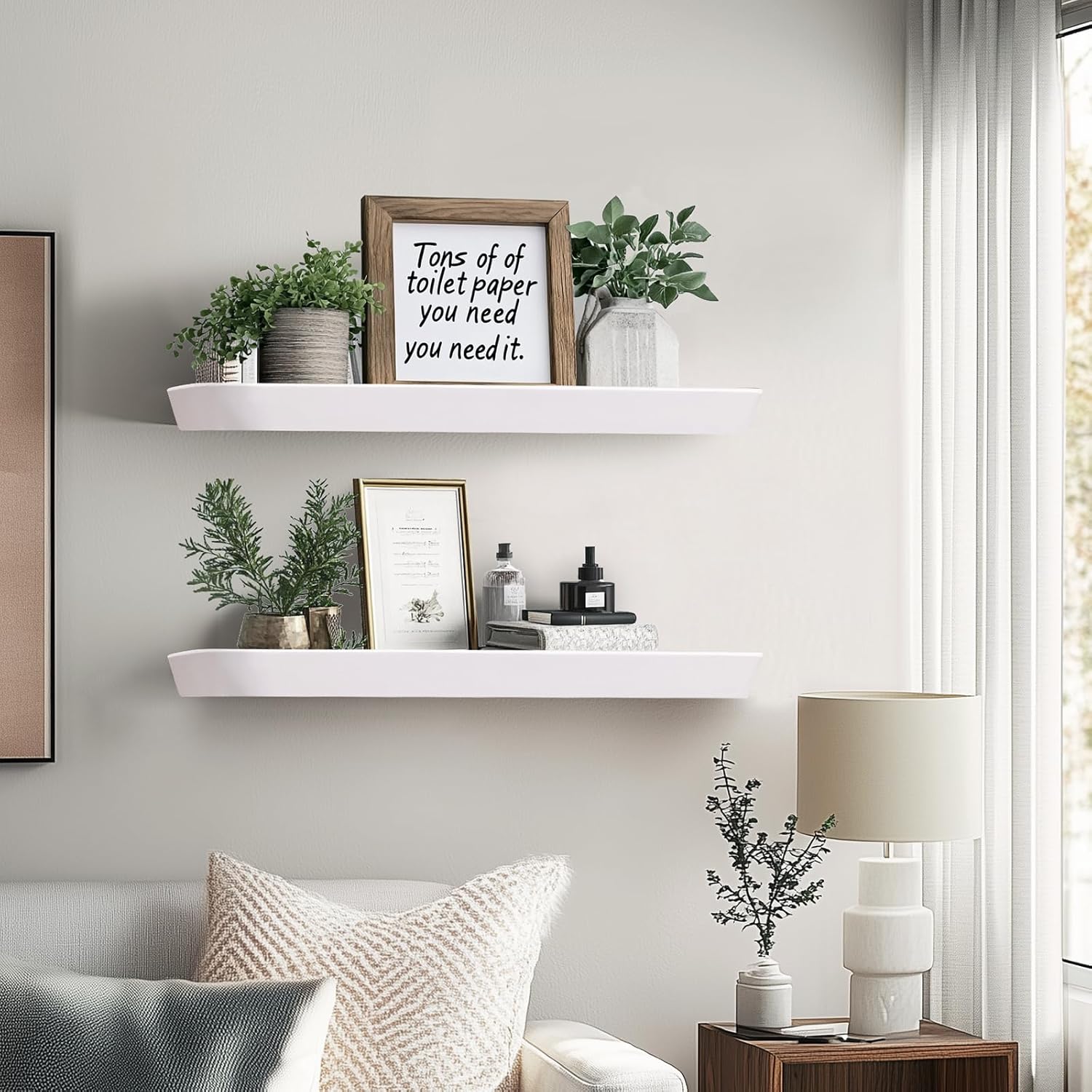 24"x6.8"x1.6" Slanted Floating Wall Shelves 2-Pack - Rustic White Finish, Heavy-Duty Solid Wood