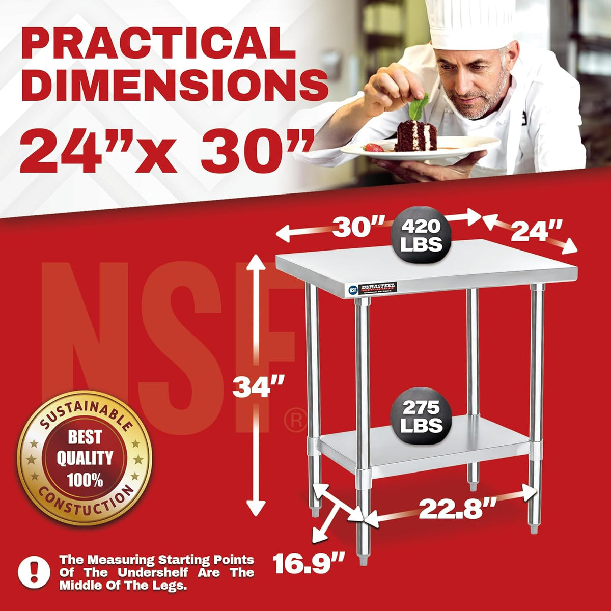 DuraSteel 24x30 Stainless Steel Work Table - NSF Commercial Prep Metal Table - Outdoor Pizza Oven