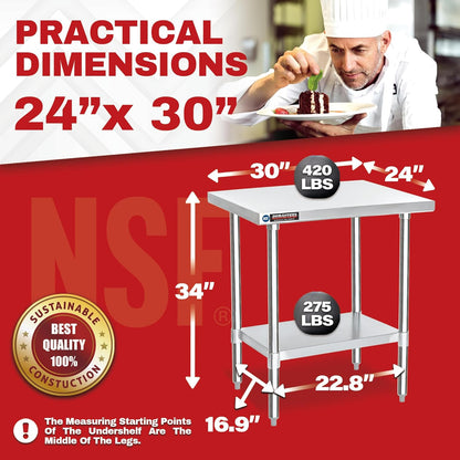 DuraSteel 24x30 Stainless Steel Work Table - NSF Commercial Prep Metal Table - Outdoor Pizza Oven