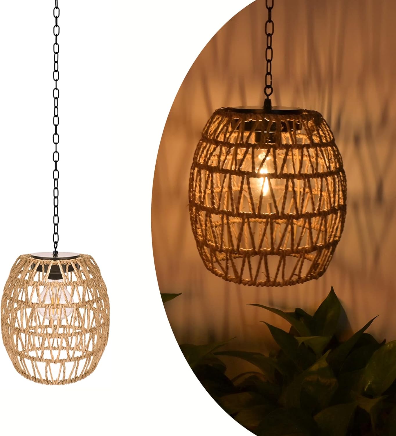 Livinlarge Boho Pendant Solar Light Rustic Hand-Woven Rattan Chandelier Coastal Retro Lamp Wedding