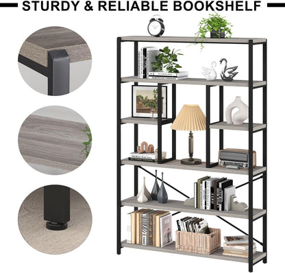 LVB Industrial 6 Tier Bookshelf, Large Tall Open Rustic Vintage Etagere Bookcase, Gray Big Wide