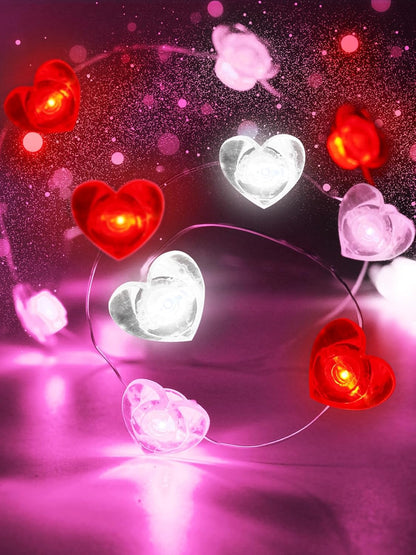 Red Pink White Heart Fairy Lights Battery Operated for Valentines Decor, 10FT 30 LED Battery String