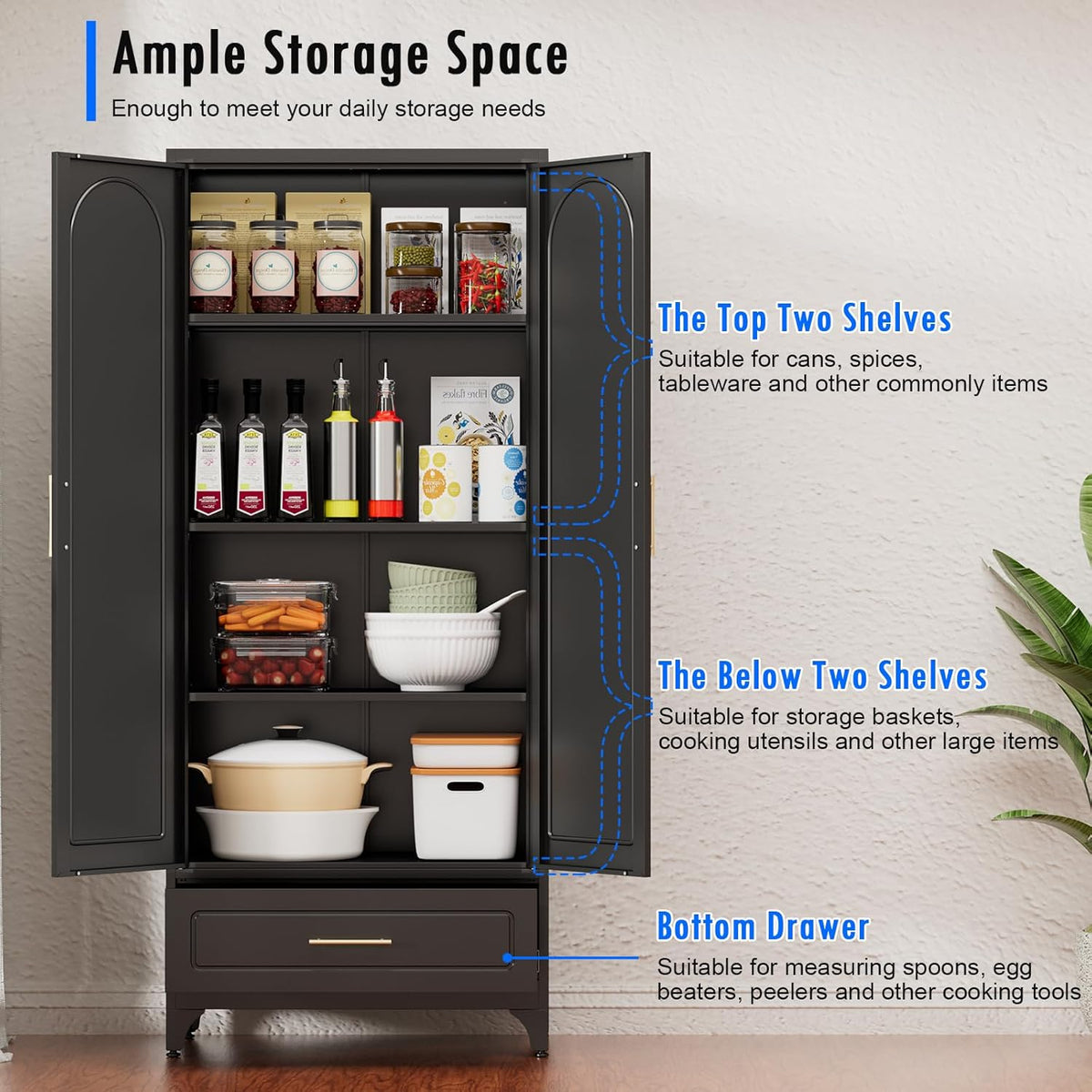 Black Pantry Kitchen Cabinet with Drawer, 75 Inch Metal Storage Cabinet with Doors and Shelves