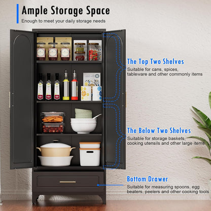 Black Pantry Kitchen Cabinet with Drawer, 75 Inch Metal Storage Cabinet with Doors and Shelves