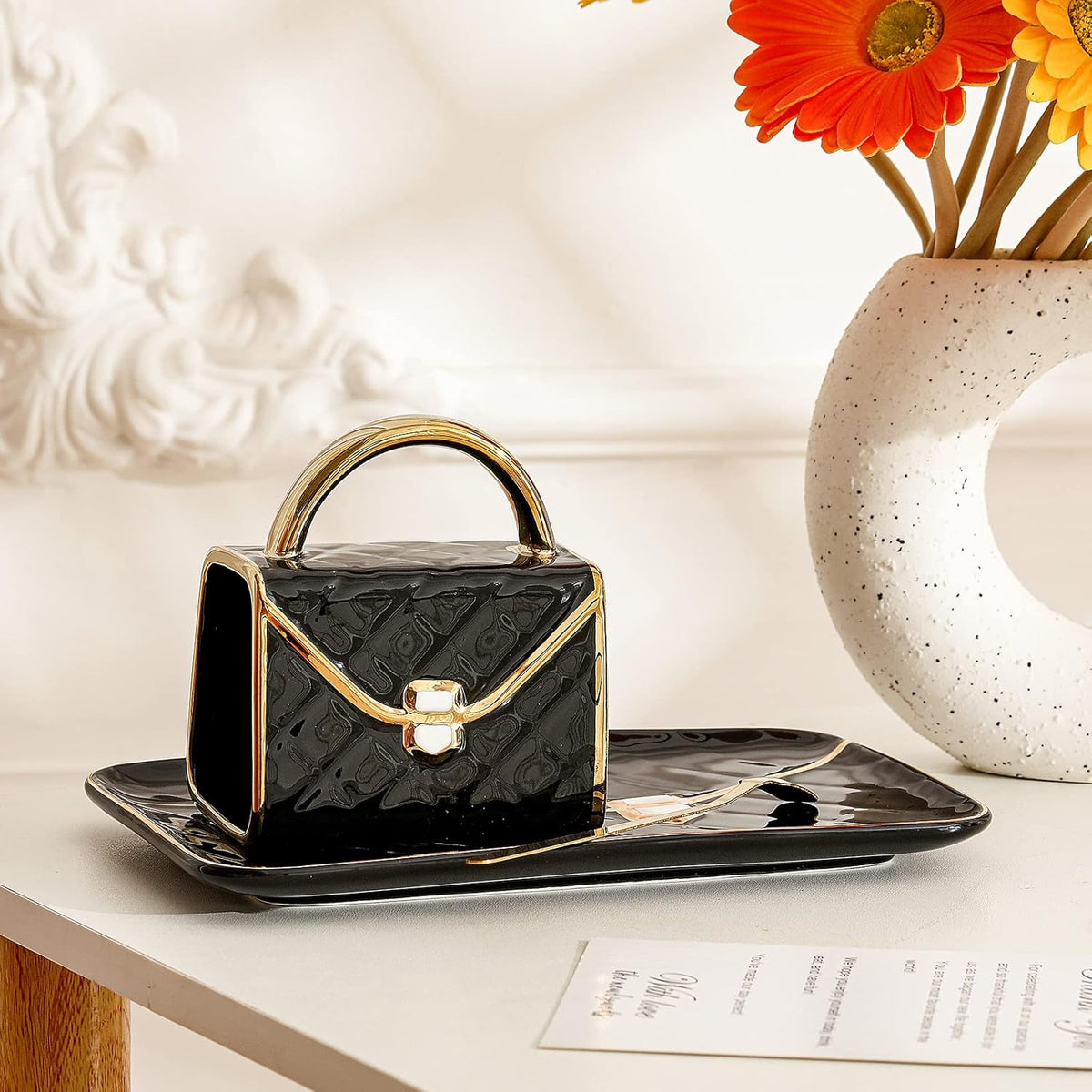 Zubebe 1 Set Coffee Mug Elegant Handbag Shaped Cup Modern Ceramic Purse Mug with Spoon and Saucer