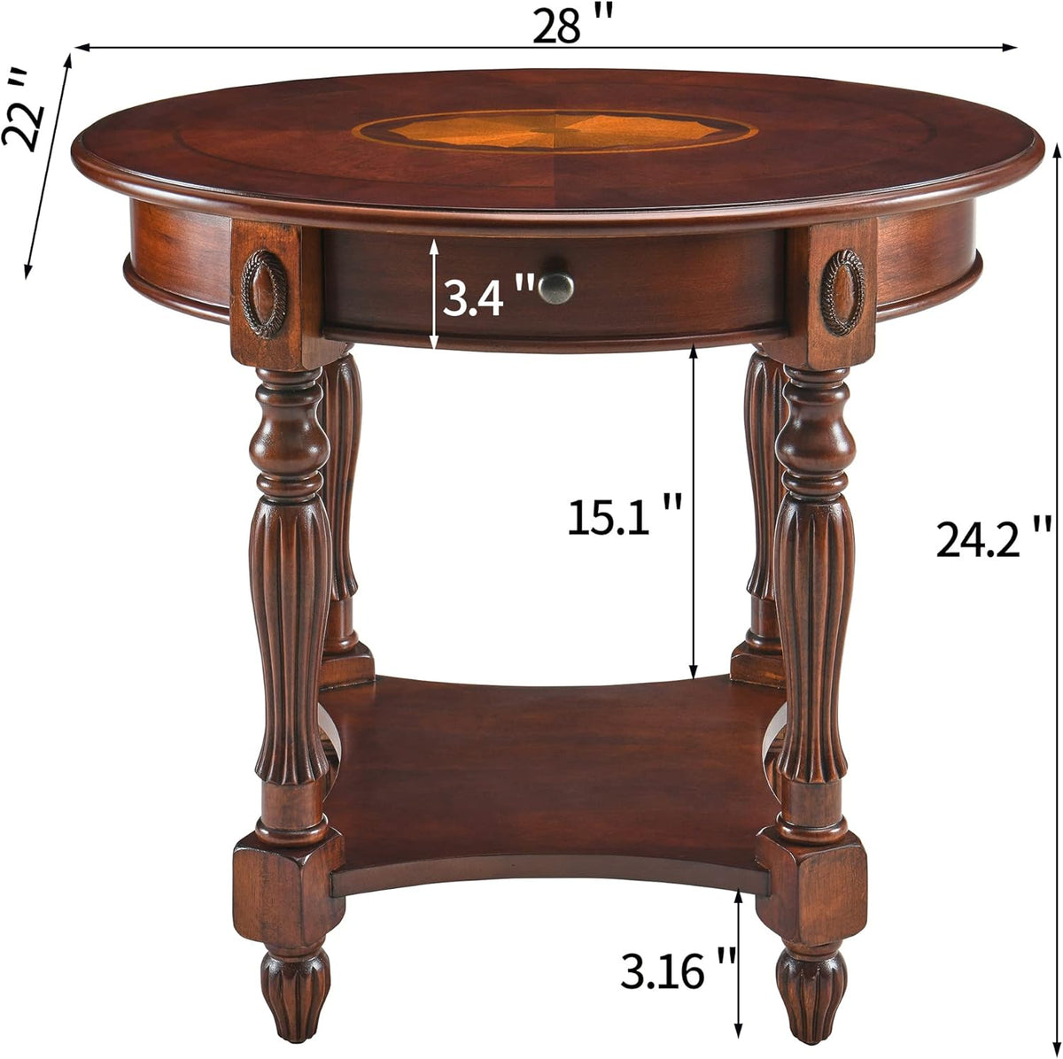 MODERION Solid Wood End Table with Drawer, Oval Sofa Side Table, Storage Shelf, Living Room Corner