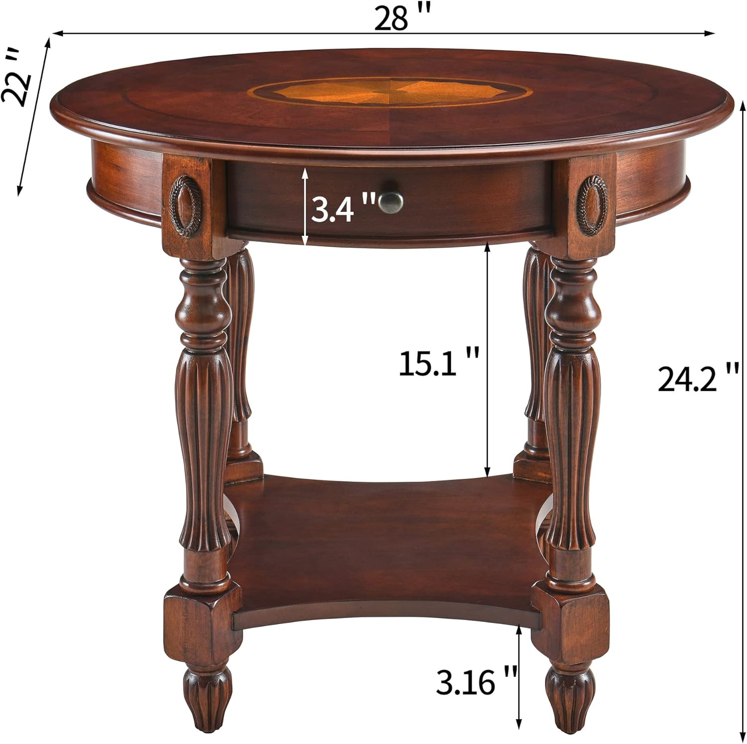 MODERION Solid Wood End Table with Drawer, Oval Sofa Side Table, Storage Shelf, Living Room Corner