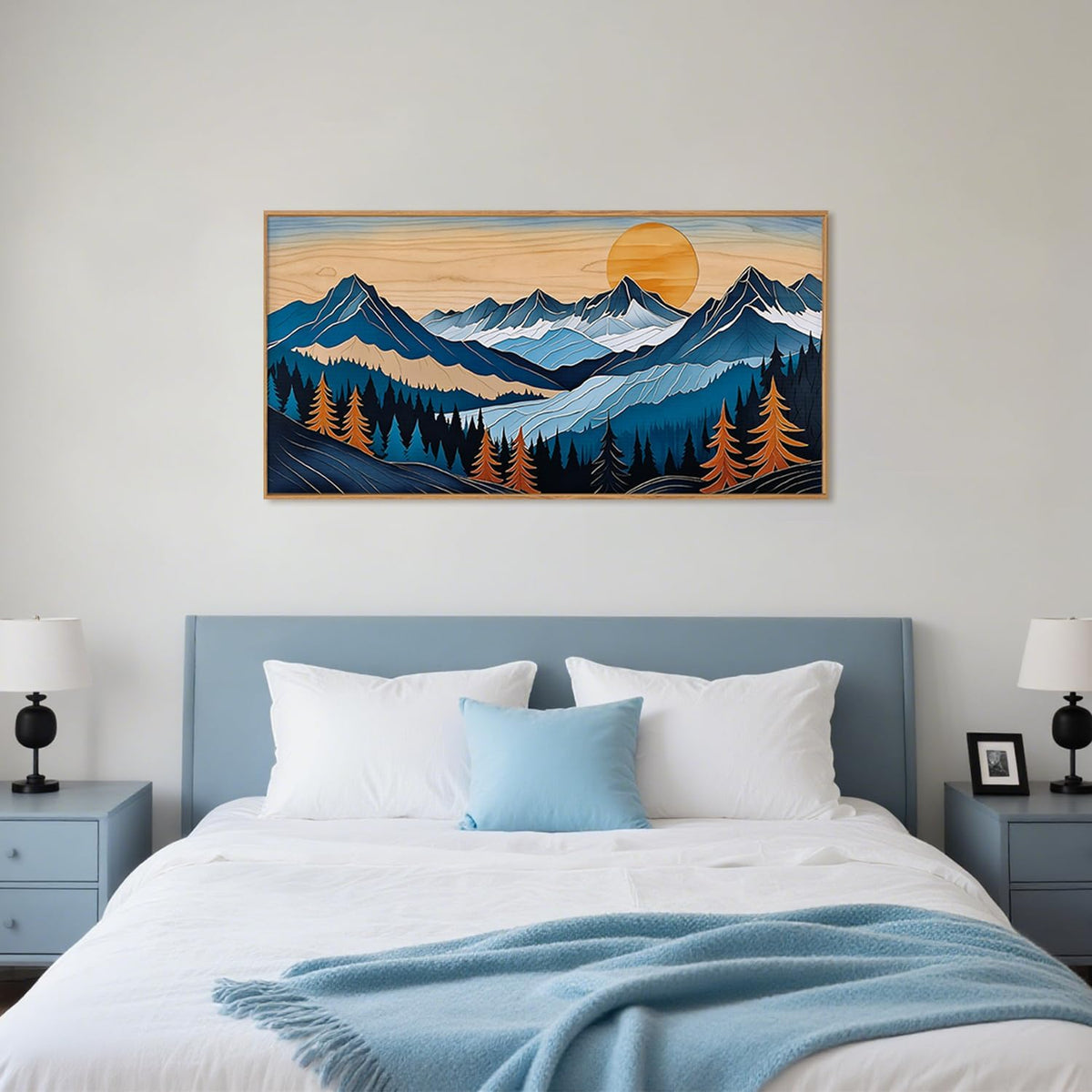 Blue Woodcut Mountain Framed Canvas Wall Art Set, Boho Abstract Ridge Wall Decor, Pine Tree