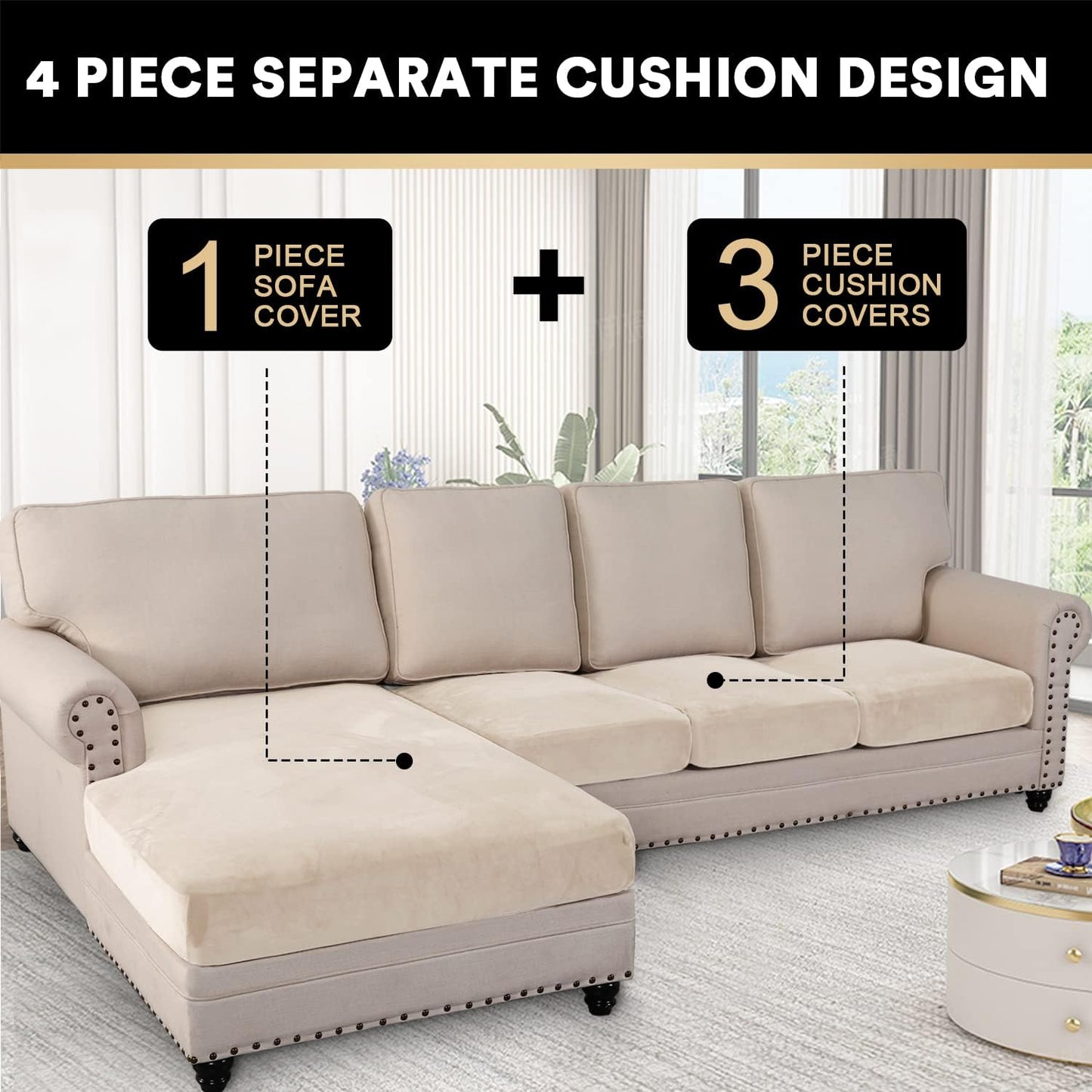 PrinceDeco Sectional Couch Covers 4 Pieces Couch Covers for Sofa Velvet Separate Couch Cover L