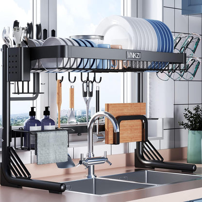 VNKZI Over Sink Dish Drying Rack, 2 Tier Full Stainless Steel Storage Adjustable Length (25.98'' to