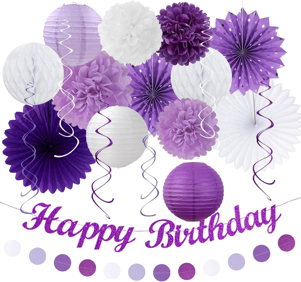 Purple Lilac-Lavender White Women Birthday Party-Decorations - 21pcs Happy Banner,Paper