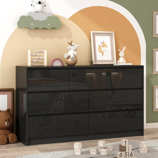 Black Malm Dresser for Bedroom, 55 Inch Long High Gloss Dresser with 7 Drawers, Modern Large Wood